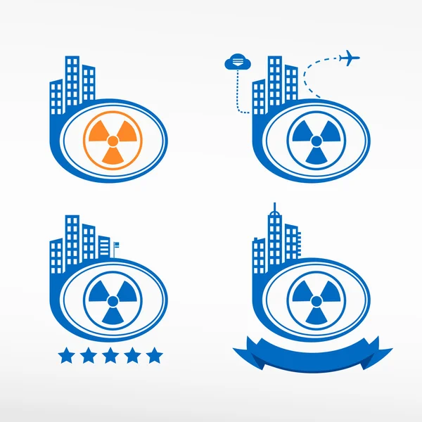 Radioactieve pictogram op stad achtergrond. — Stockvector