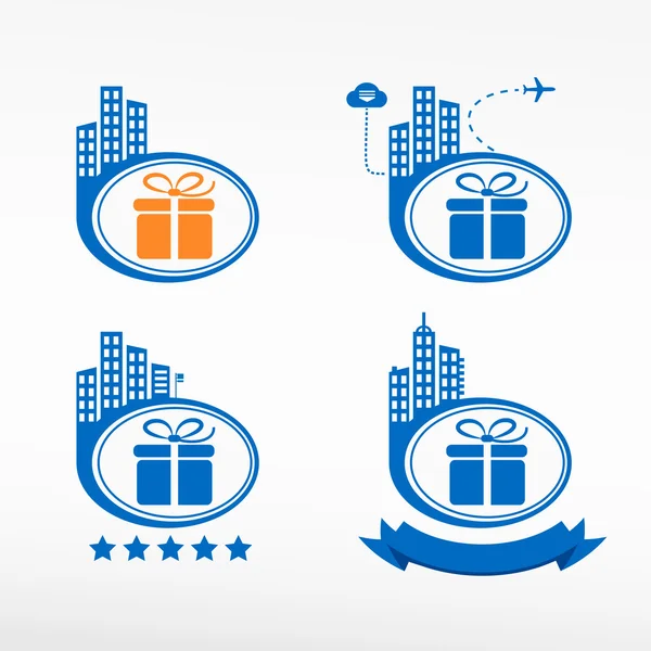 Gift box icon on city background. — Stock Vector