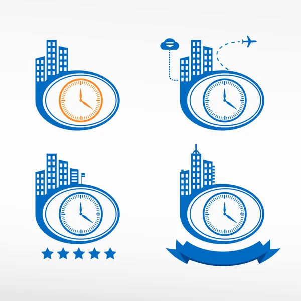 Clock icon on city background. — Stock Vector