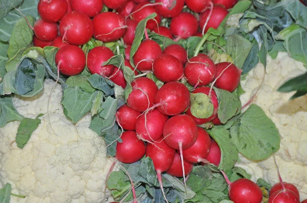 Radieschen Und Blumenkohl Auf Einem Markt — Stock Photo, Image