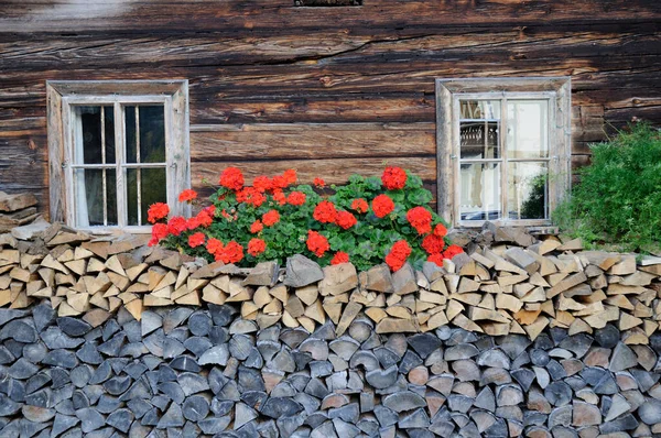 Tirol 'deki Blumen an einem Bauernhaus
