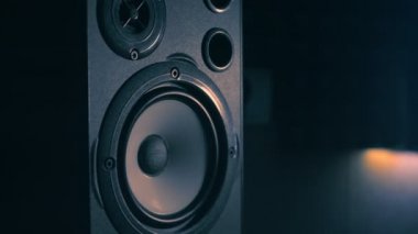 Profesyonel ses hoparlörünün titreşimli hoparlörleri yakın plan. Müzisyenler için Hifi sistemi. Müzik stüdyosu için en iyi hoparlörler. Yumuşak ışık