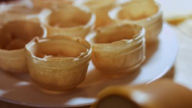 Zeytin salatasını waffle kedisine koy. Geleneksel Rus salatası için sebzeli Olivier.