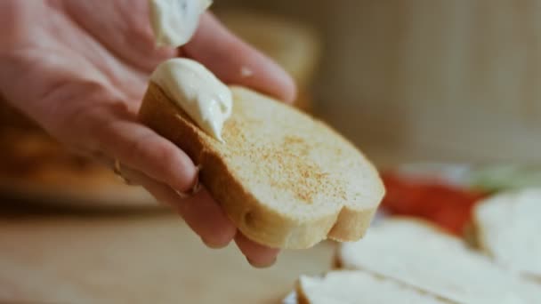 As mãos estendem a maionese na manteiga de pão. comida de férias — Vídeo de Stock
