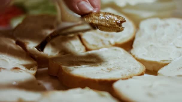 Ruce namazané majonézou na chlebové máslo. Vezmeme si přípitek se šproty. Rekreační jídlo — Stock video