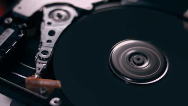 Çalışmanın makro kapanışı hdd sürücü sabit diski, yazma hareketi, manyetik başlık okuma — Stok video