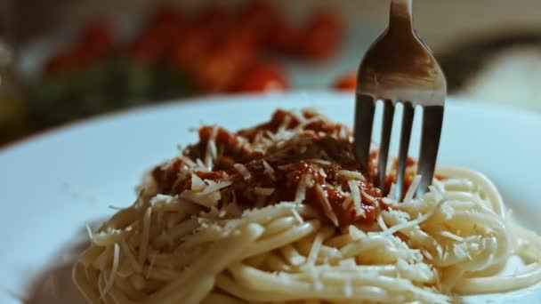 Spaghetti alla carbonara au fromage et à la tomate et sauce à la viande — Video