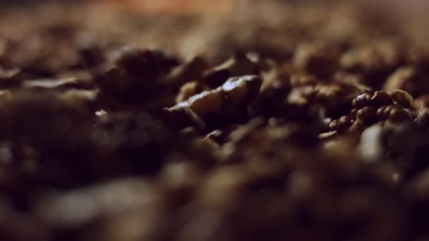 Makro ořechů. Produkt bohatý na minerály a vitamíny. Jádra vlašských ořechů, která v procesu výroby padají do komína. Video 4K — Stock video