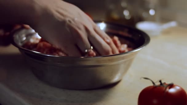 Detailní záběr mísících přísad do raviolliho náplně. Míchání mletého masa, cibule, vejce, soli a černého pepře v kovové misce. Proces přípravy ravioli doma. 4 K video — Stock video
