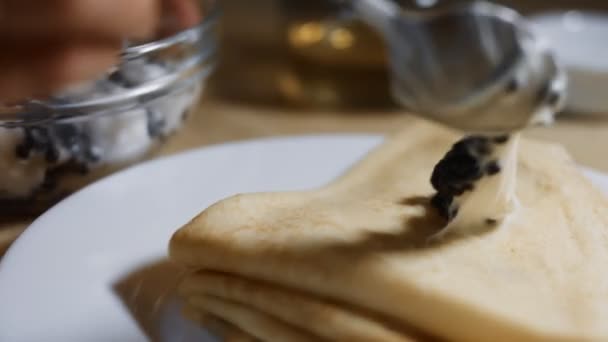 Épandage d'oeufs noirs de poisson en morceaux avec taramasalata sur les blinis. macro à gros plan isolée. Vidéo 4K — Video