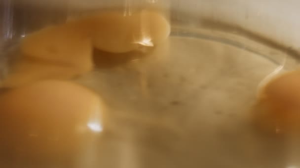 Cracked eggs in a glass bowl. Process of preparing pancakes. 4K video — Stockvideo