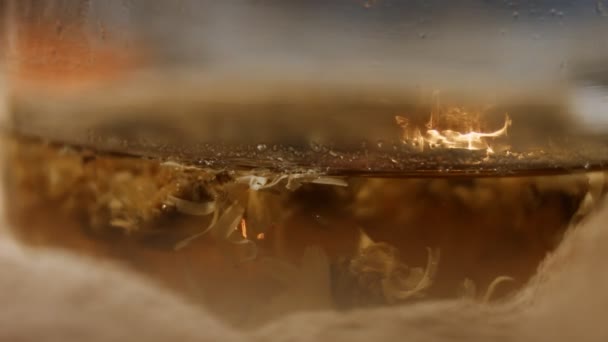 Макровзгляд на ароматическое вливание цветов календулы Мэриголд в прозрачный чайник в качестве травяной терапии. Понятие здорового образа жизни. 4К видео. Timelapse — стоковое видео