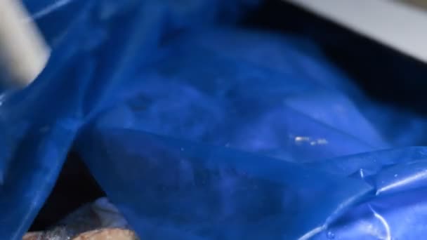 Eldiven giymiş ellerin makro görüntüsü bir kutu dolusu donmuş tavuk bacağını açıyor. Buzla kaplı donmuş çiğ tavuk eti. 4k video — Stok video