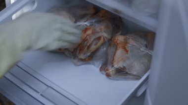 Meat stock, meat reserve during the COVID-19 pandemic. Chicken meat storage and organization in a freezer. Woman puts in the fridge cut chicken. Timelapse. 4K video