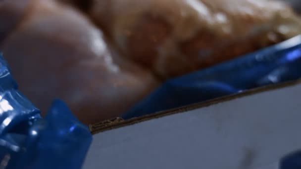 Vue macro d'une boîte remplie de cuisses de poulet congelées. Viande de poulet crue congelée recouverte de glace. Vidéo 4k — Video