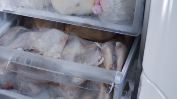 Meat stock, meat reserve during the COVID-19 pandemic. Chicken meat storage and organization in a freezer. 4K video — ストック動画
