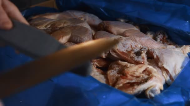 Primer plano de las manos femeninas afilando el cuchillo en la cocina antes de cortar la carne. Preparando el cuchillo para el trabajo. Vídeo 4K — Vídeo de stock