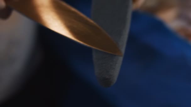 Vista macro de mãos femininas afiando faca na cozinha antes de cortar a carne. A preparar a faca para o trabalho. Vídeo 4K — Vídeo de Stock