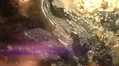 Mutfaktaki kirli fırın tepsisinin makro görüntüsü. Fırında et pişirdikten sonra kirli, yağlı bir çarşaf. 4K video