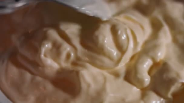 Vista de cerca de un tazón de mayonesa. Mezclando mayonesa con una cuchara. Vídeo 4K — Vídeos de Stock