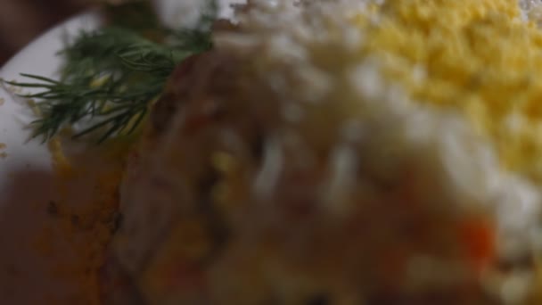 Ensalada Olivier en un plato blanco, decorado con huevo rallado y rodilla.Año Nuevo tradicional y ensalada rusa de Navidad. Vista macro, vídeo 4K. Lento. — Vídeo de stock