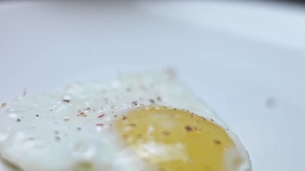 Смажене куряче яйце - форма серця. Смажене яйце, приправлене сіллю та перцем. День Святого Валентина. Концепція кумедного сюрпризу для любимого для особового приколу. 4K відео. Макро — стокове відео