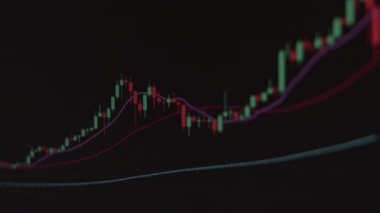 Screen with a stock market graphic. Cryptocurrency rate graphic showing data online. Japanese candlesticks and support lines.