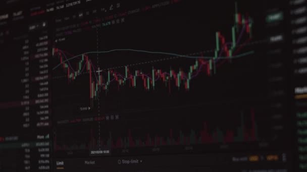 Pantalla con gráfico bursátil. Gráfico de tasa de criptomonedas que muestra datos en línea. Candelabros japoneses y líneas de soporte. — Vídeo de stock