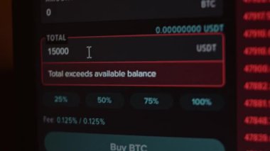 Process of buying bitcoin. Investing money in cryptocurrency. Chosen amount exceeds total balance
