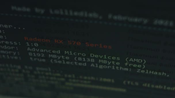 Cripto mineiro janela do programa mostrando o processo de mineração criptomoeda. Mineração em casa. Mineração de GPU — Vídeo de Stock
