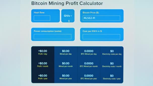 Bitcoin madencilik kâr hesap makinesi. Madencilik cüzdanı. Aylık kazanç. Maden platformu çalışıyor ve para kazanıyor. — Stok video
