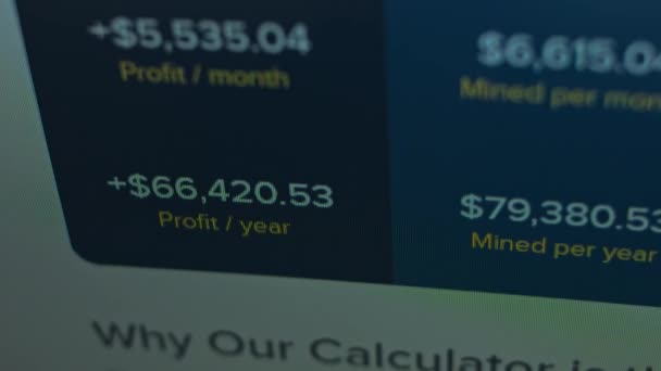 Bitcoin calcolatore di profitto minerario. Portafogli da miniera. Guadagni al giorno e al mese. Impianto minerario di lavoro e fare soldi — Video Stock