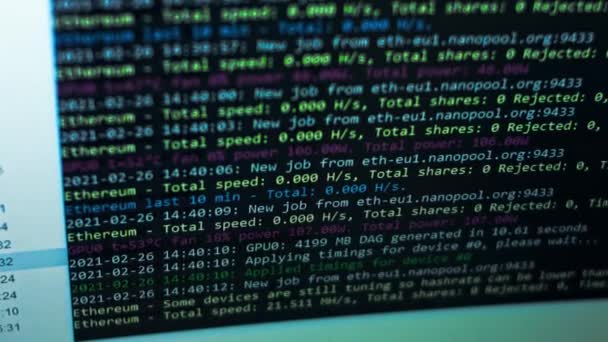 Crypto minero ventana del programa que muestra el proceso de minería criptomoneda. Etereum minero. Minería en casa. — Vídeo de stock