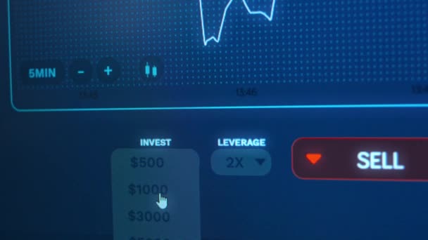 Gráfico de criptomoeda online. Processo de investimento de dinheiro, definição de alavancagem e compra de moeda criptomoeda — Vídeo de Stock