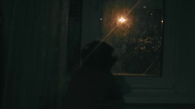 Gecenin ilk karında pencereye bakan mutlu küçük bir kızın arka görüntüsü. Kış geliyor..