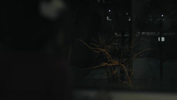 Vista posteriore di una bambina felice che guarda la finestra alla prima neve di notte. L'inverno sta arrivando. — Video Stock