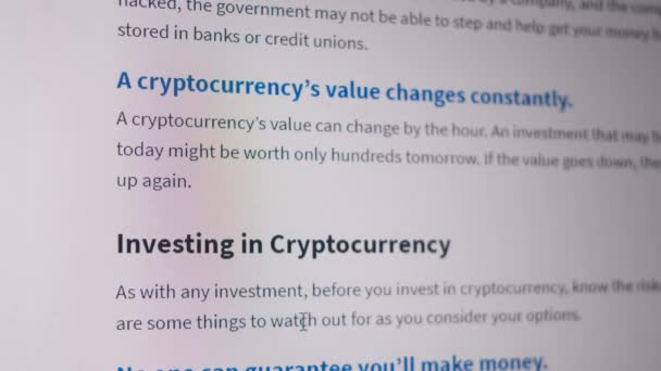 Criptovaluta scambio di informazioni generali. Investire, pagare con criptovaluta, truffe e cryptojacking — Video Stock