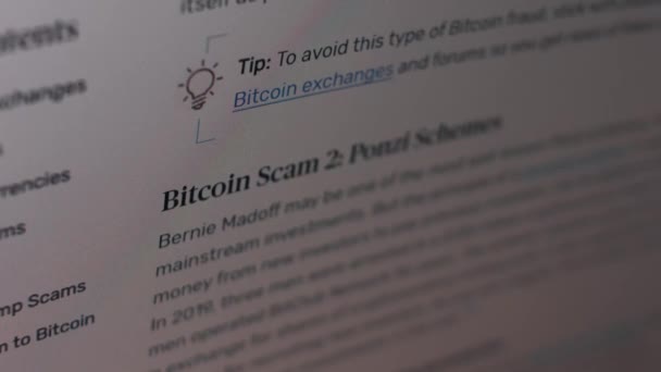 Cryptocurrency scams. Getting informed about bitcoin scams. Bitcoin scam 2: ponzi schemes — Stock Video