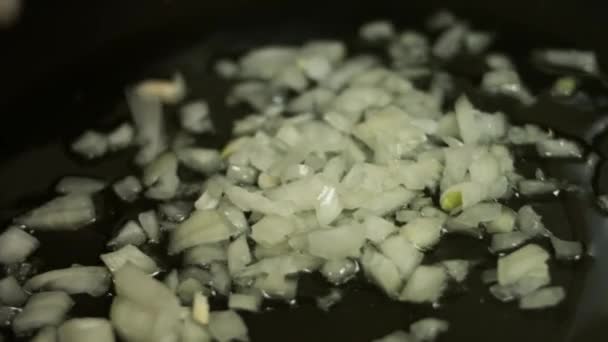 Gesnipperde verse ui en knoflook worden gebakken op een pan. Proces van het maken van quesadillas — Stockvideo