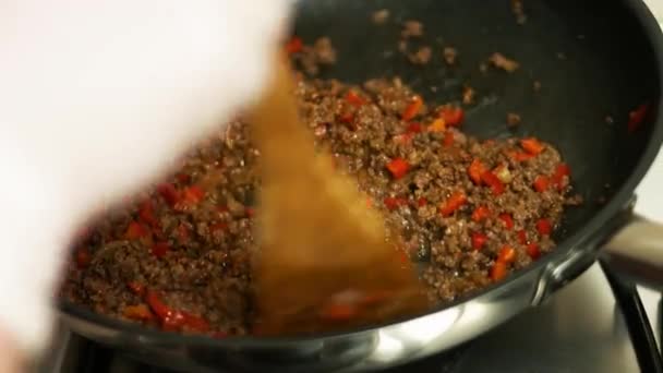 Blanda saftigt malda nötkött och andra ingredienser matlagning på en stekpanna. Blandning med en träspatel. Process för att göra quesadillas — Stockvideo