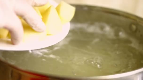女性の手は鍋の沸騰水に黄金のジャガイモをカット転送します。完璧なオーブンローストポテトを調理するプロセス — ストック動画