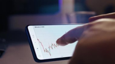 Çay içerken akıllı telefondan şifreli para grafiği analiz ediliyor. Borsada BTC 'den alıntılar. Akıllı telefonun ekranındaki uygulamayı görüntüle
