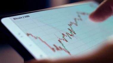 Akıllı telefondan şifreli para birimi grafiği analiz ediliyor. Borsada BTC 'den alıntılar. Akıllı telefondaki uygulamayı ekranda görüntüle. Makro görünüm