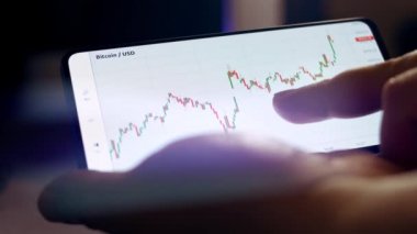 Akıllı telefondan şifreli para birimi grafiği analiz ediliyor. Borsada BTC 'den alıntılar. Akıllı telefondaki uygulamayı ekranda görüntüle. Başparmak yukarı, başarı. Makro görünüm