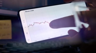 Çay içerken akıllı telefondan şifreli para grafiği analiz ediliyor. Notları izliyorum. Borsada BTC 'den alıntılar. Akıllı telefonun ekranındaki uygulamayı görüntüle