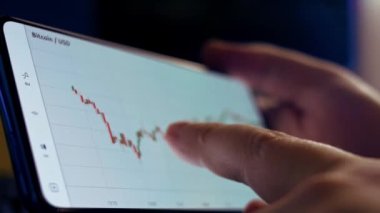 Çay içerken akıllı telefondan şifreli para grafiği analiz ediliyor. Gelen iş görüşmesi. Borsada BTC 'den alıntılar. Akıllı telefonun ekranındaki uygulamayı görüntüle