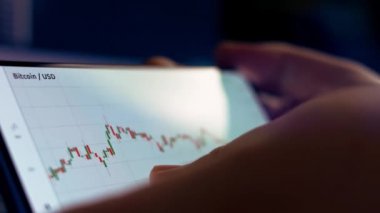 Akıllı telefondan şifreli para birimi grafiği analiz ediliyor. Borsada BTC 'den alıntılar. Akıllı telefondaki uygulamayı ekranda görüntüle. Makro görünüm