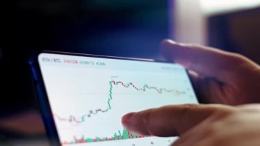 Çay içerken akıllı telefondan şifreli para grafiği analiz ediliyor. Notları izliyorum. Borsada BTC 'den alıntılar. Akıllı telefonun ekranındaki uygulamayı görüntüle