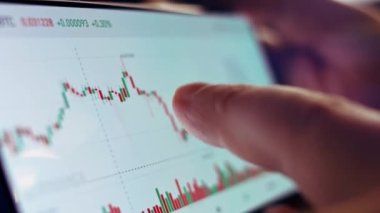 Akıllı telefondan şifreli para birimi grafiği analiz ediliyor. Borsada BTC 'den alıntılar. Akıllı telefondaki uygulamayı ekranda görüntüle. Makro görünüm