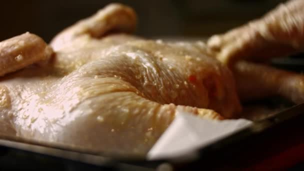 Une cuisinière étalant du beurre fondu sur une grosse poule crue crue crachée sur une plaque à pâtisserie, se préparant à être cuite. Processus de cuisson shkmeruli - plat géorgien — Video